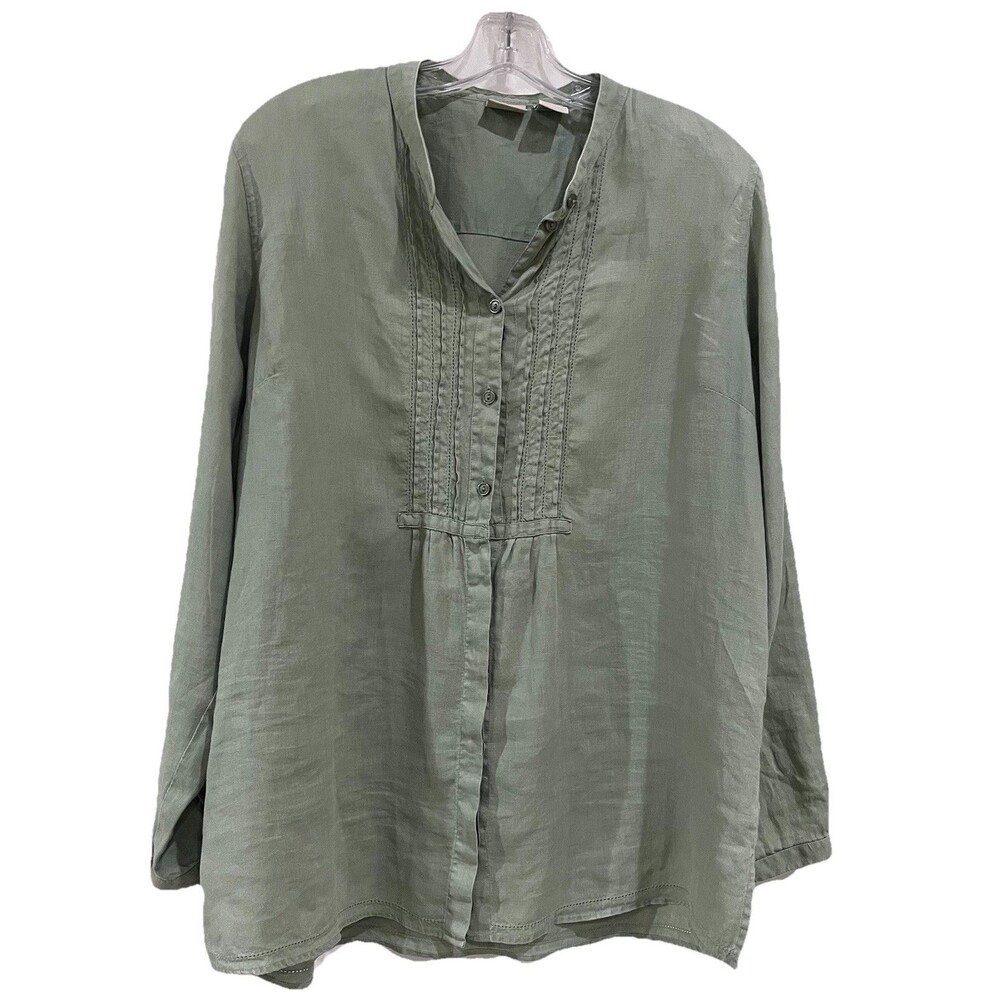 Ll Bean 100% Linen Sage Green Button Down Pintuck Long Sleeve Blouse Size XL